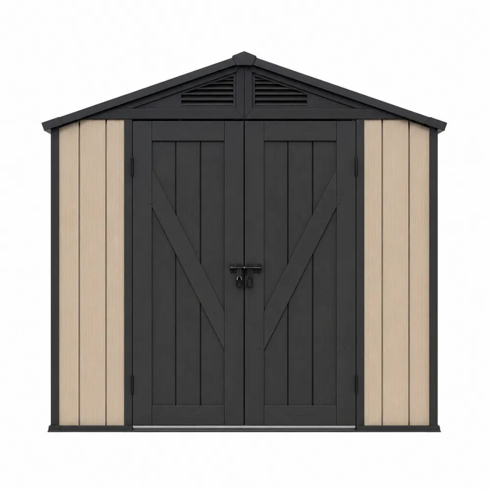 Abri de jardin extérieur en résine polypropylène PP 213 x 130 x 185 cm avec double porte et toit à double pente noir beige