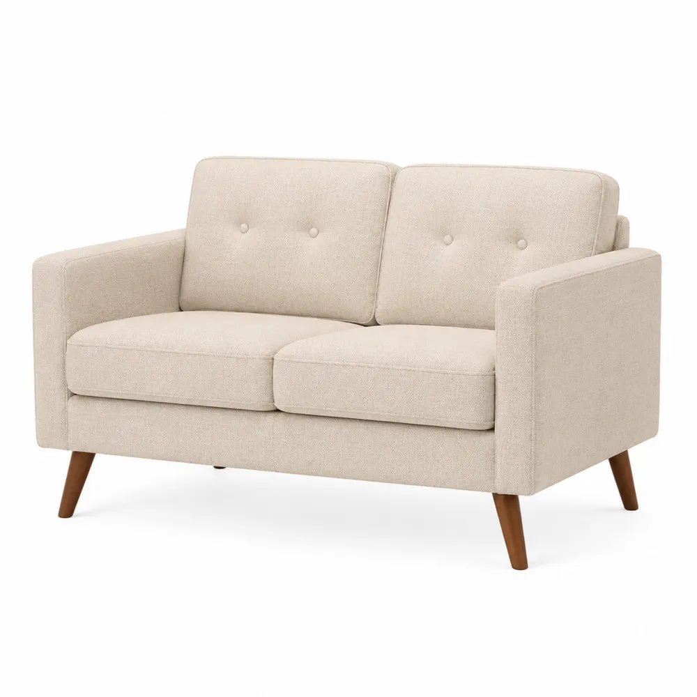 Canapé 2 places revêtement tissu polyester beige structure bois pieds bois massif assise rembourrée dossier capitonné
