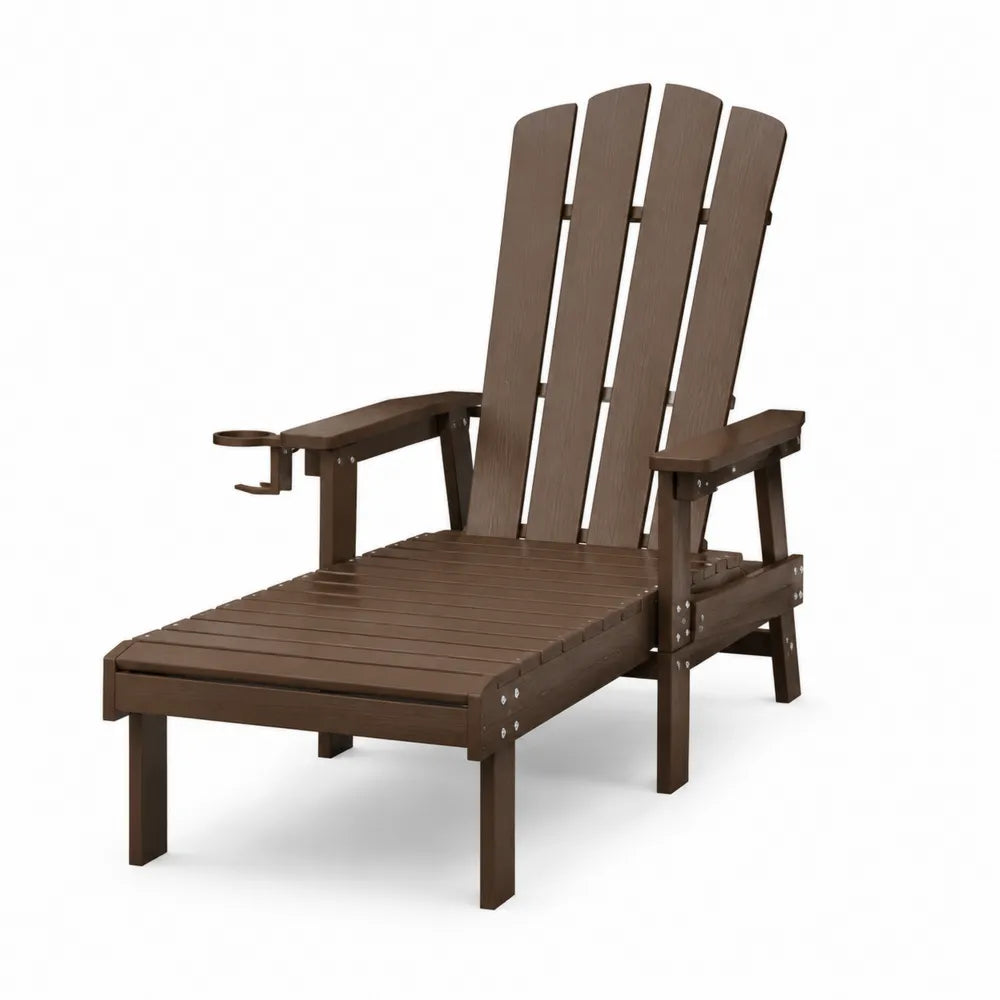 Chaise longue de jardin Adirondack en polyéthylène haute densité HDPE brun 165 x 76 x 103 cm avec porte-gobelet
