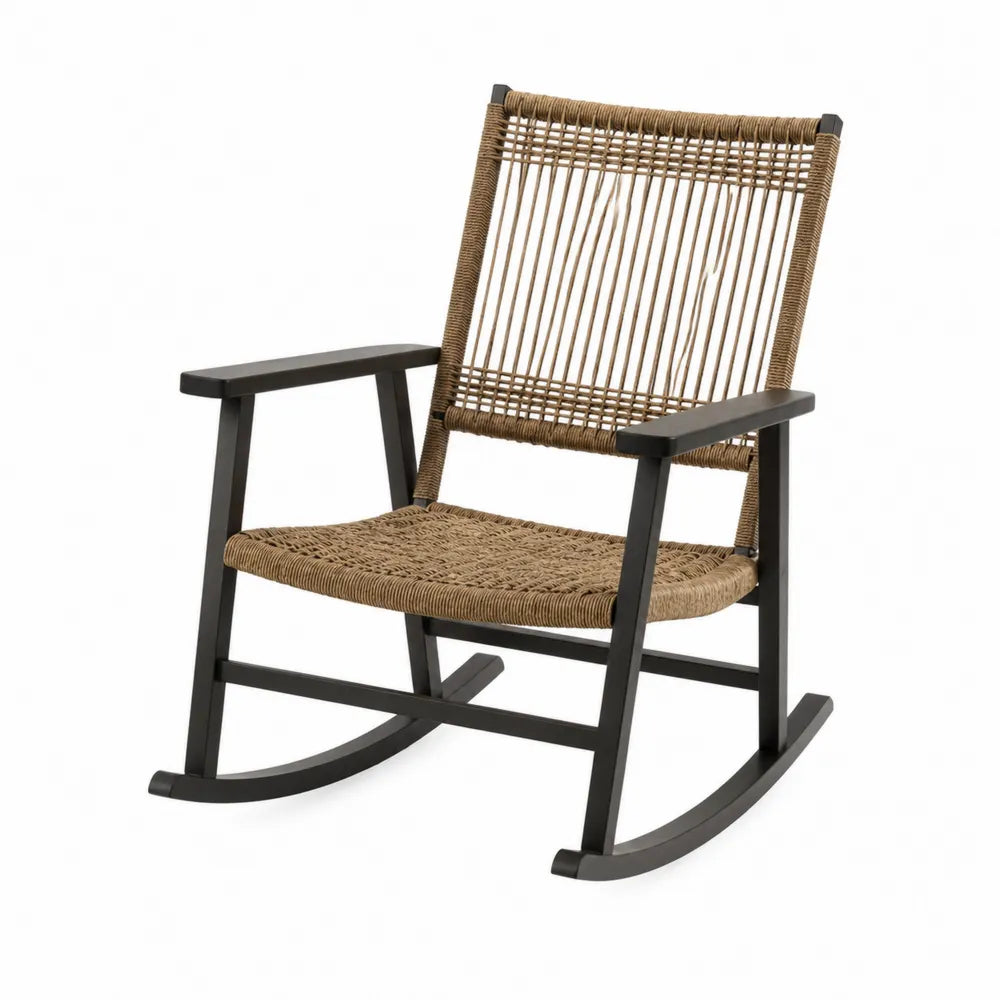 Fauteuil à bascule de jardin en corde polyester tressée marron naturel et acier thermolaqué noir 66 x 86 x 90 cm
