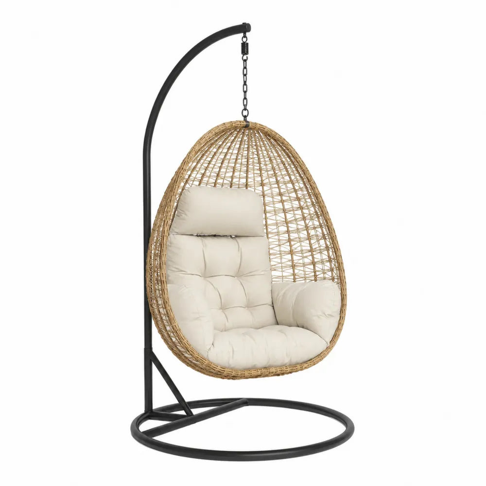 Fauteuil suspendu œuf d’extérieur avec support rotin synthétique naturel coussins écru structure acier noir