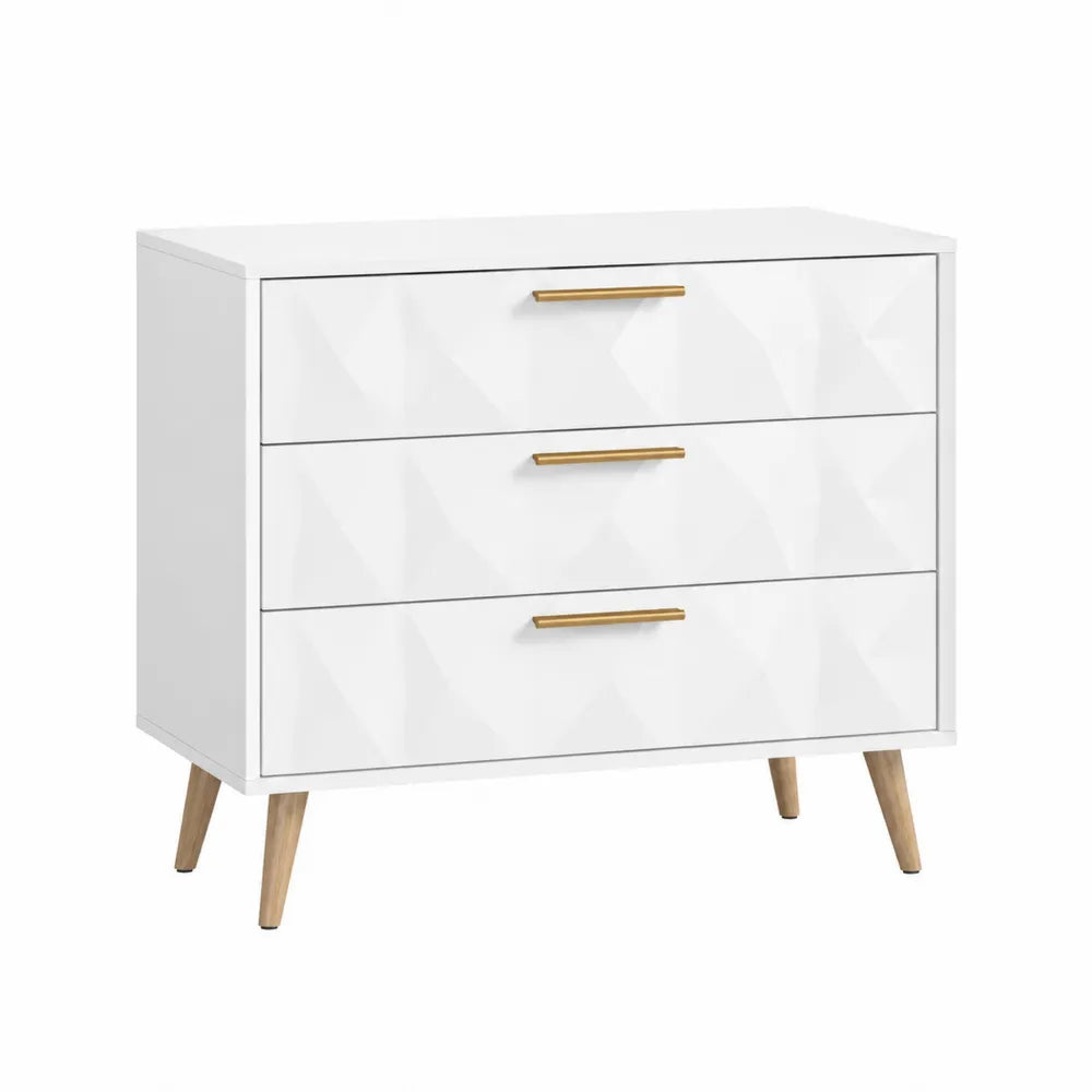 Commode de chambre 3 tiroirs en MDF blanc avec poignées métal doré et pieds en bois naturel