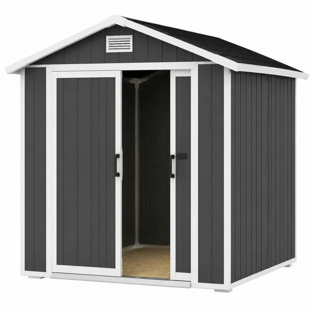 Abri de jardin de rangement 213 cm x 130 cm x 198 cm en résine polypropylène gris anthracite avec double porte et toit noir
