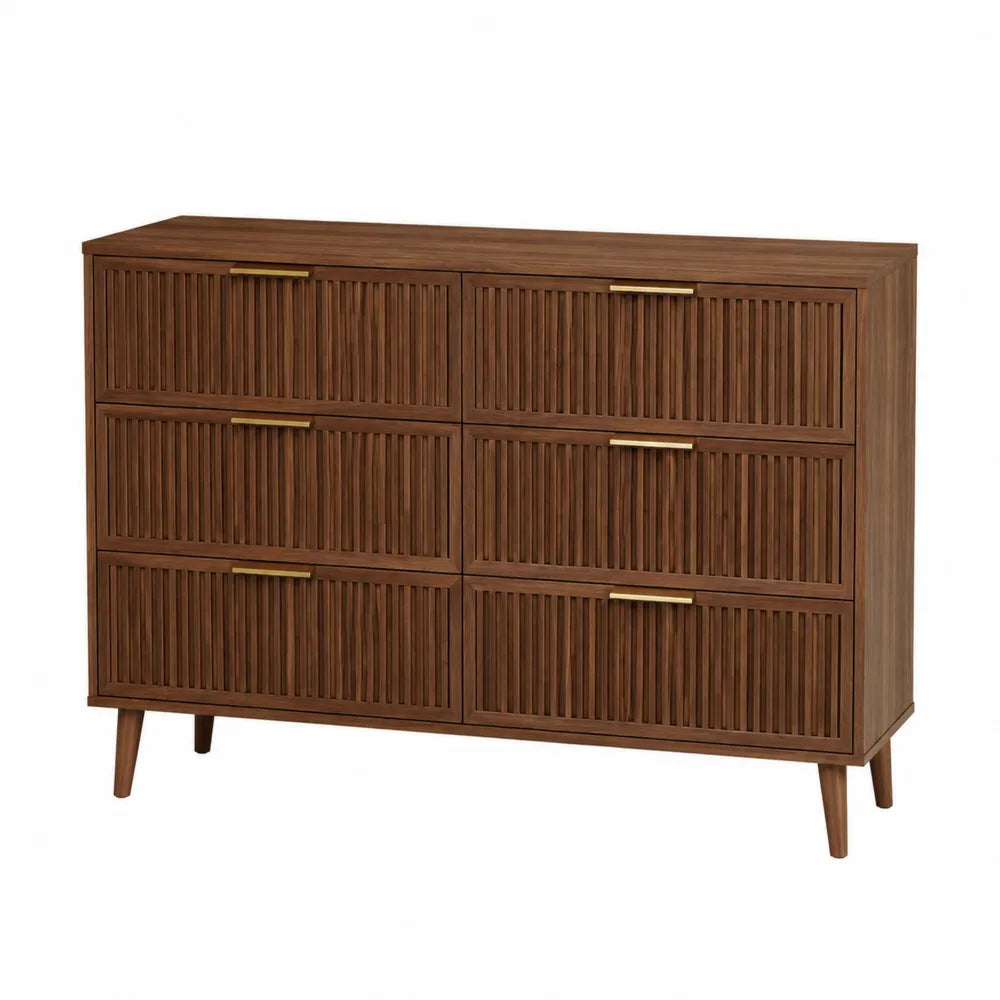 Commode de rangement rectangulaire 6 tiroirs en bois décor noyer avec poignées dorées et pieds inclinés