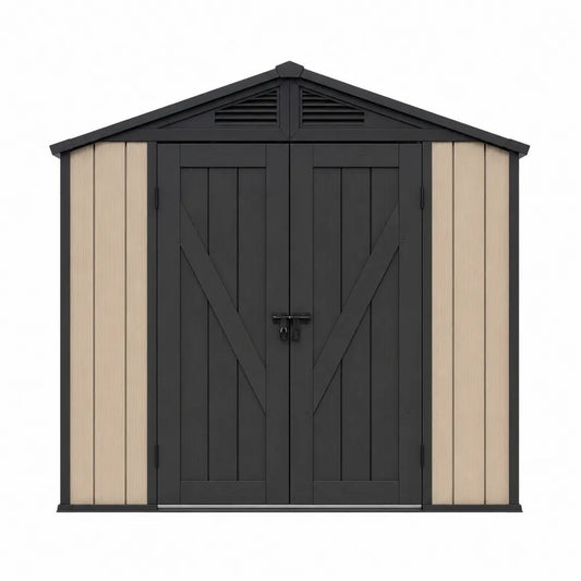 Abri de jardin extérieur en résine polypropylène PP 213 x 130 x 185 cm avec double porte et toit à double pente noir beige