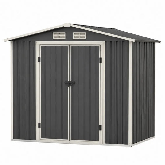 Abri de rangement extérieur 213 x 127 x 195 cm en polypropylène gris anthracite et beige avec toit à deux pentes