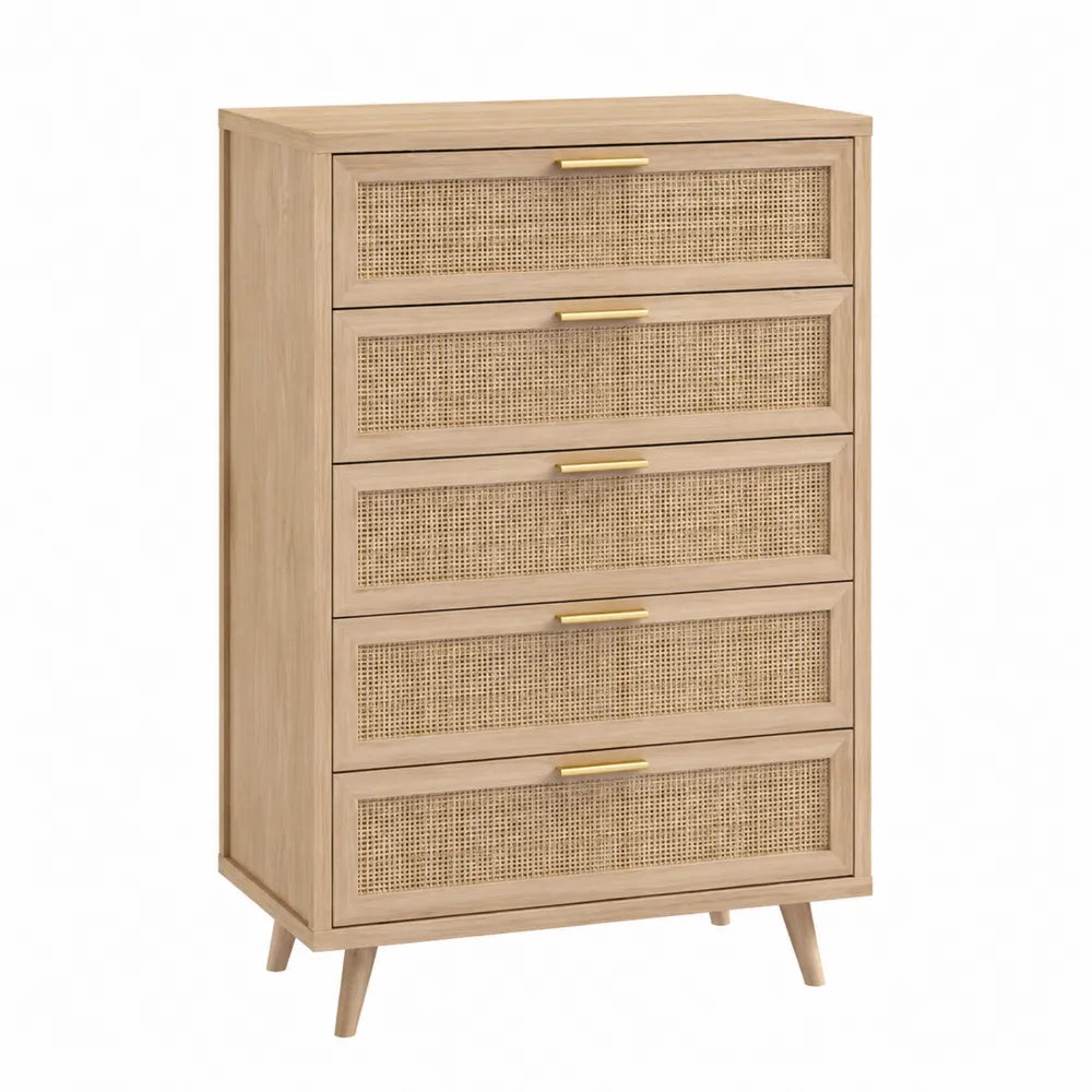 Commode rectangulaire 5 tiroirs en MDF plaqué chêne clair avec cannage rotin naturel et poignées métal doré L80 x P40 x H110 cm