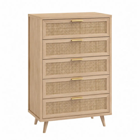 Commode rectangulaire 5 tiroirs en MDF plaqué chêne clair avec cannage rotin naturel et poignées métal doré L80 x P40 x H110 cm