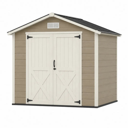 Abri de jardin de rangement en résine polypropylène PP 214 x 216 x 226 cm beige blanc cassé noir double porte toit à double pente