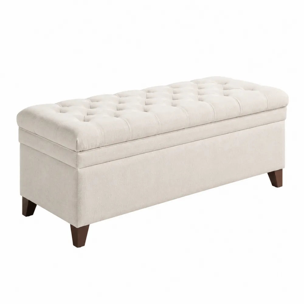 Banc coffre de chambre 120 x 40 x 45 cm en tissu polyester beige capitonné avec pieds en bois hévéa marron foncé