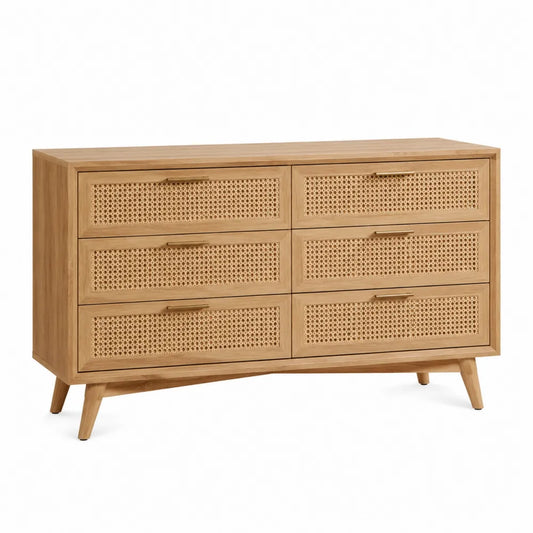 Commode rectangulaire 6 tiroirs en bois décor chêne clair et cannage rotin naturel avec pieds inclinés
