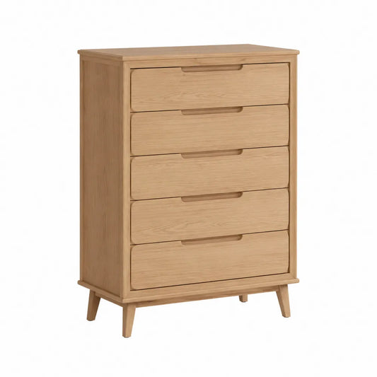 Commode rectangulaire 5 tiroirs en MDF effet chêne clair avec poignées encastrées L80 x P40 x H108 cm
