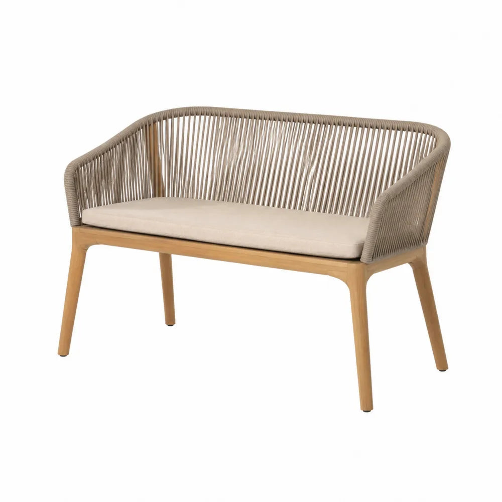 Banc de jardin 2 places en bois naturel avec cordage polyester et coussin beige