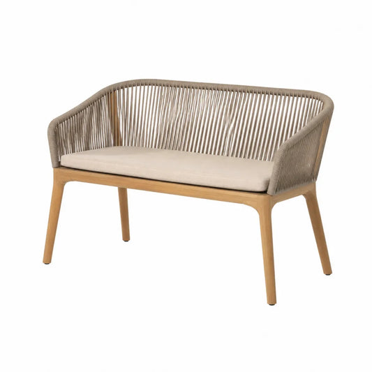 Banc de jardin 2 places en bois naturel avec cordage polyester et coussin beige