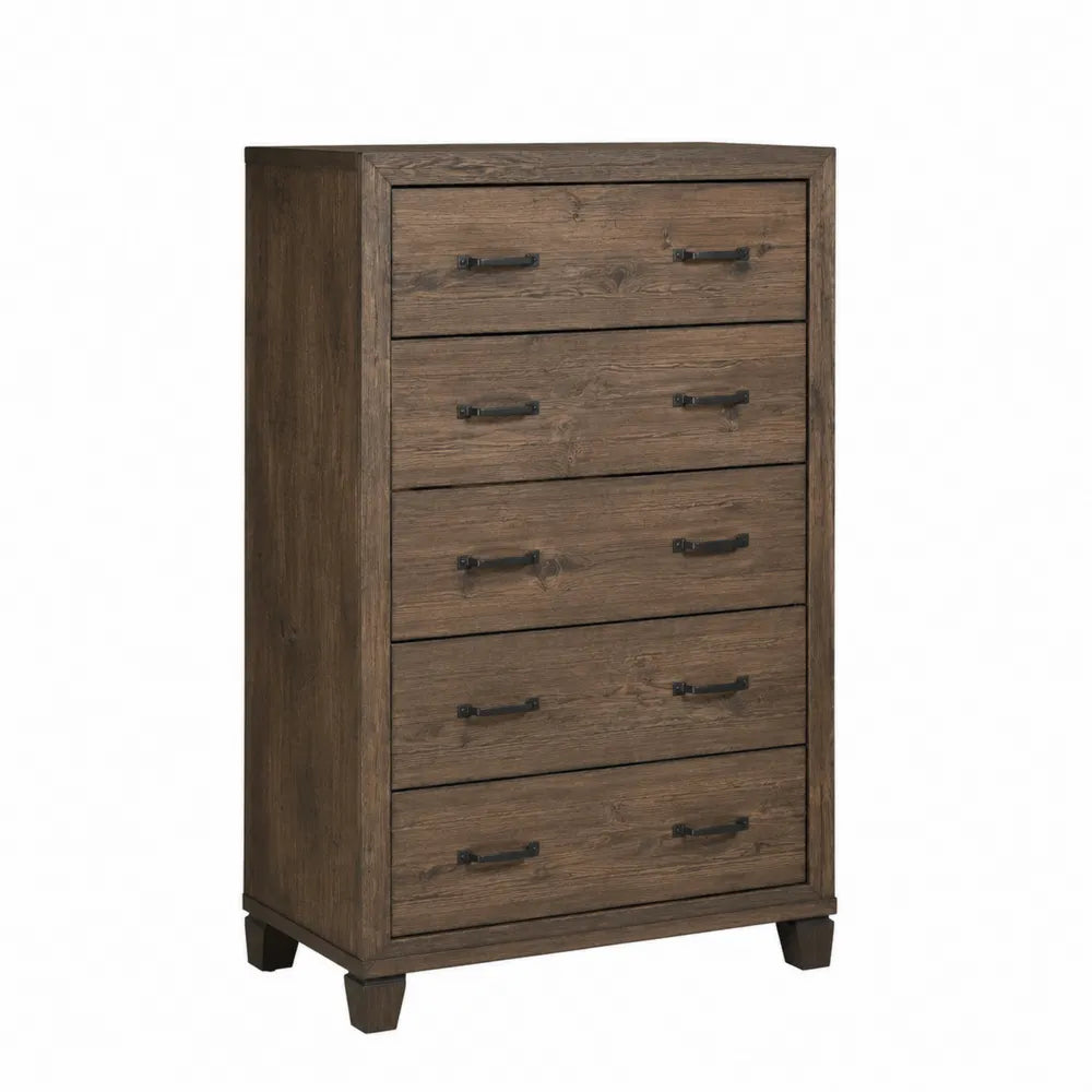 Commode rectangulaire 5 tiroirs en MDF décor noyer brun avec poignées noires et pieds inclinés