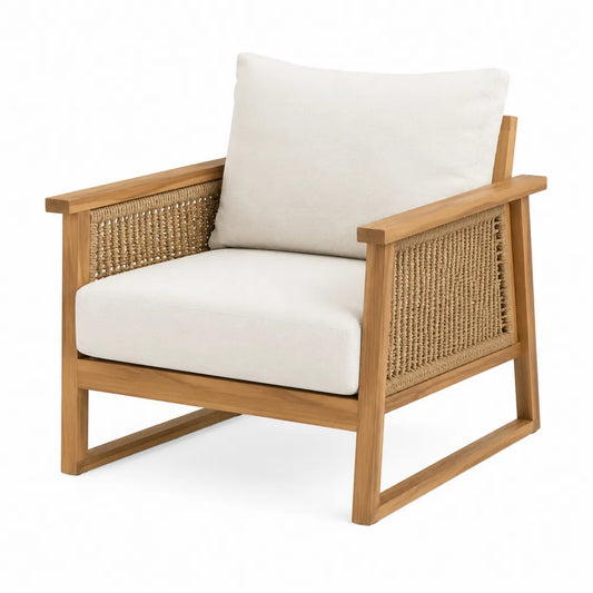 Fauteuil de jardin lounge 82 cm x 80 cm x 78 cm en bois d’acacia cordage polyester coussins beige écru