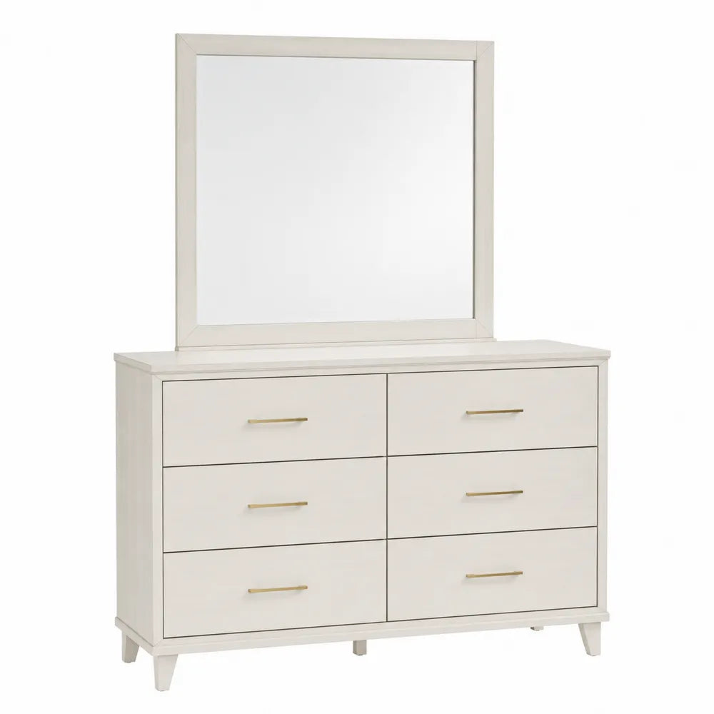 Commode de chambre 6 tiroirs 140 x 45 x 170 cm en MDF peint blanc cassé avec miroir intégré et poignées dorées