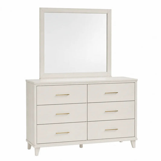 Commode de chambre 6 tiroirs 140 x 45 x 170 cm en MDF peint blanc cassé avec miroir intégré et poignées dorées