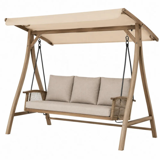 Balancelle de jardin 3 places avec toit 220 x 135 x 170 cm bois d’acacia naturel coussins beige structure suspendue noire