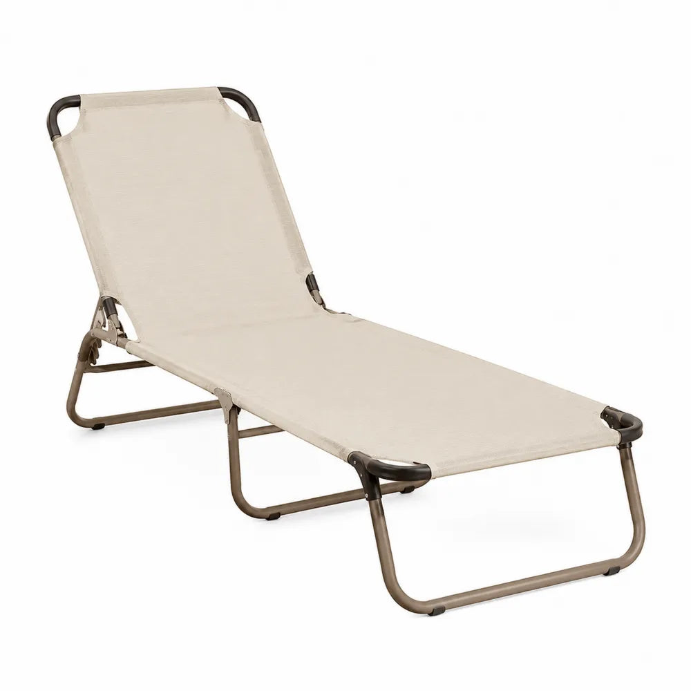 Bain de soleil de jardin pliant réglable 188 cm x 58 cm x 85 cm en acier taupe et textilène beige dossier inclinable