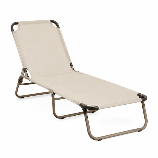 Bain de soleil de jardin pliant réglable 188 cm x 58 cm x 85 cm en acier taupe et textilène beige dossier inclinable