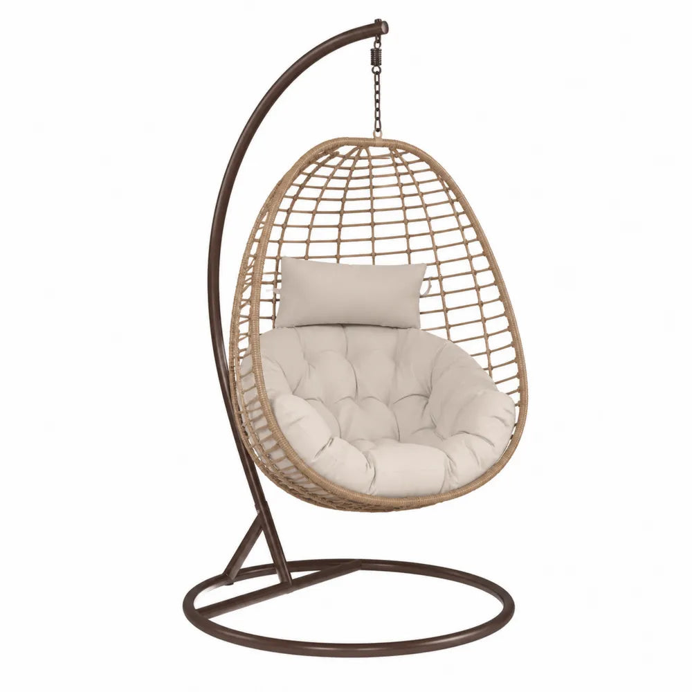Fauteuil suspendu œuf de jardin avec support acier marron résine tressée beige coussins écru 105 x 95 x 198 cm