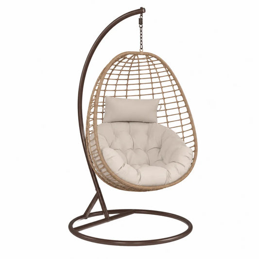 Fauteuil suspendu œuf de jardin avec support acier marron résine tressée beige coussins écru 105 x 95 x 198 cm