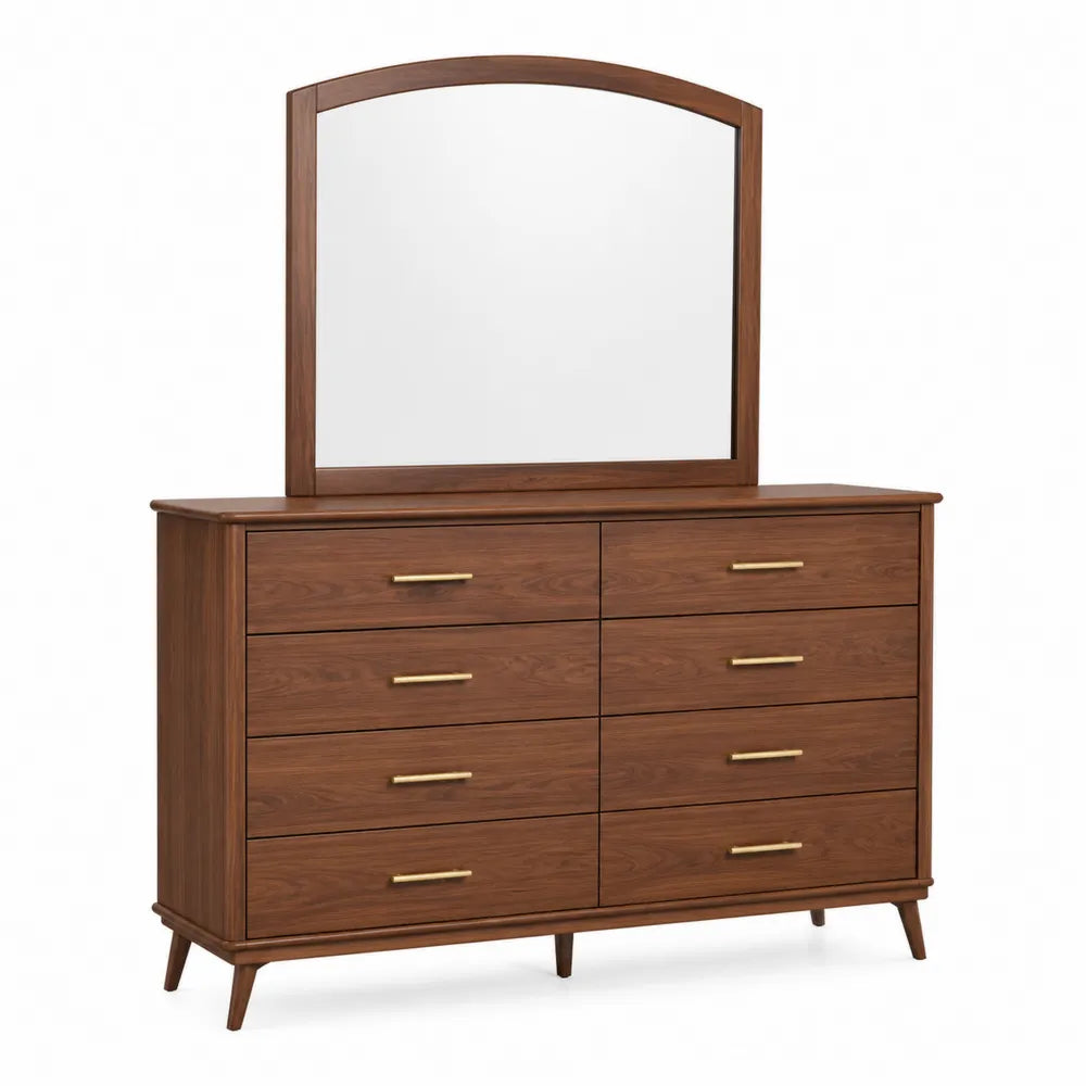 Commode de chambre avec miroir arqué 150 x 45 x 180 cm en panneaux effet noyer brun avec 8 tiroirs et poignées dorées