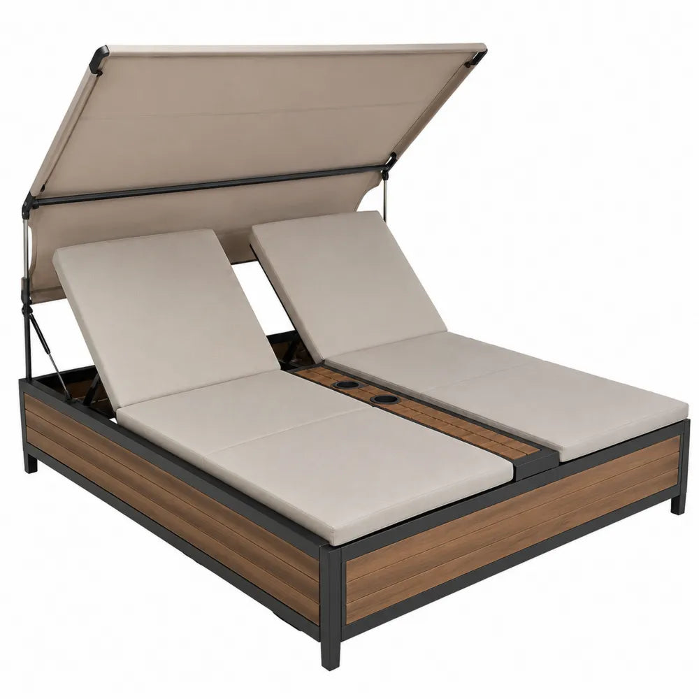 Bain de soleil double de jardin avec auvent réglable aluminium anthracite bois d acacia coussins beige 205 x 168 x 150 cm