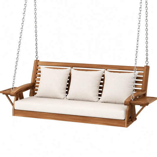 Balançoire de jardin suspendue 3 places 180 cm x 65 cm x 62 cm en bois d’acacia massif avec coussins beige et chaînes acier