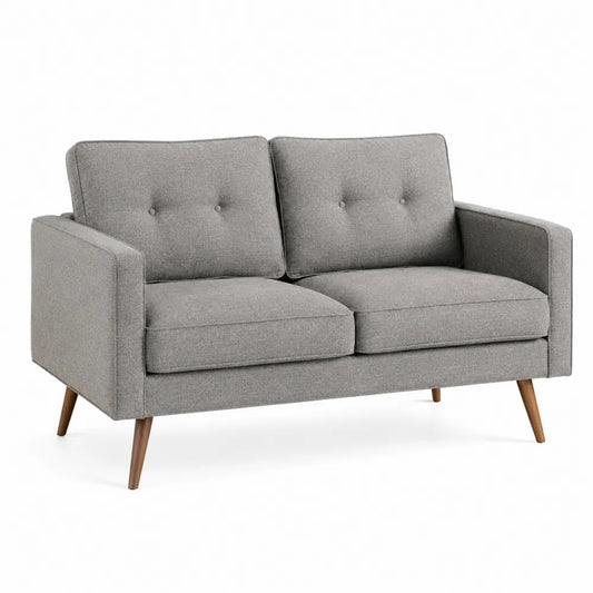 Canapé 2 places 142 cm x 78 cm x 84 cm en tissu gris et bois noyer avec pieds en hévéa massif dossier boutonné