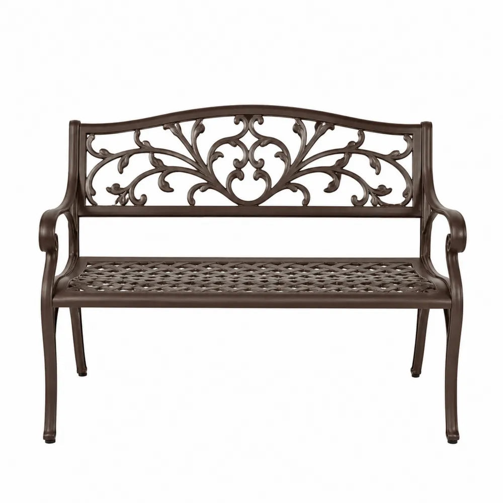 Banc de jardin 2 places 122 cm x 55 cm x 90 cm en aluminium moulé brun bronze dossier ajouré et accoudoirs