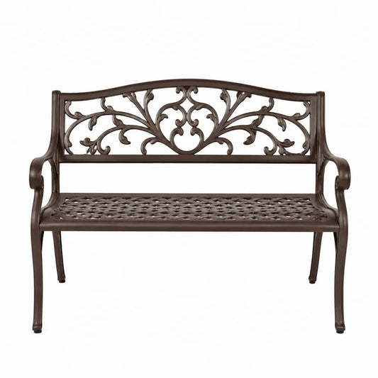 Banc de jardin 2 places 122 cm x 55 cm x 90 cm en aluminium moulé brun bronze dossier ajouré et accoudoirs