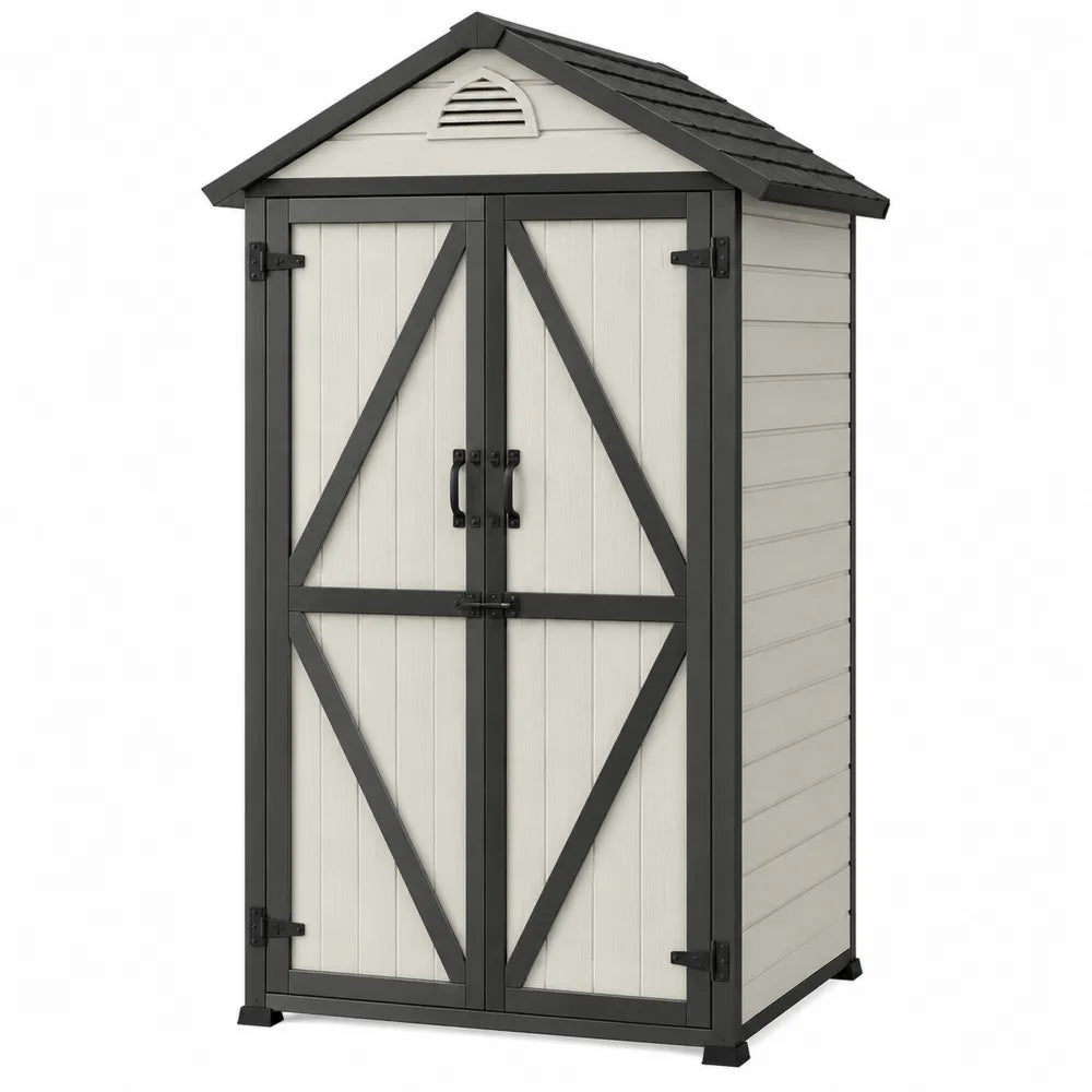 Abri de rangement extérieur 130 cm x 74 cm x 195 cm en résine polypropylène beige et anthracite avec double porte