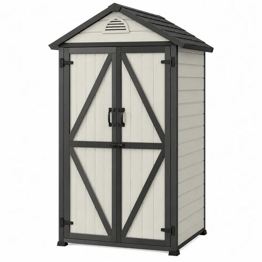 Abri de rangement extérieur 130 cm x 74 cm x 195 cm en résine polypropylène beige et anthracite avec double porte
